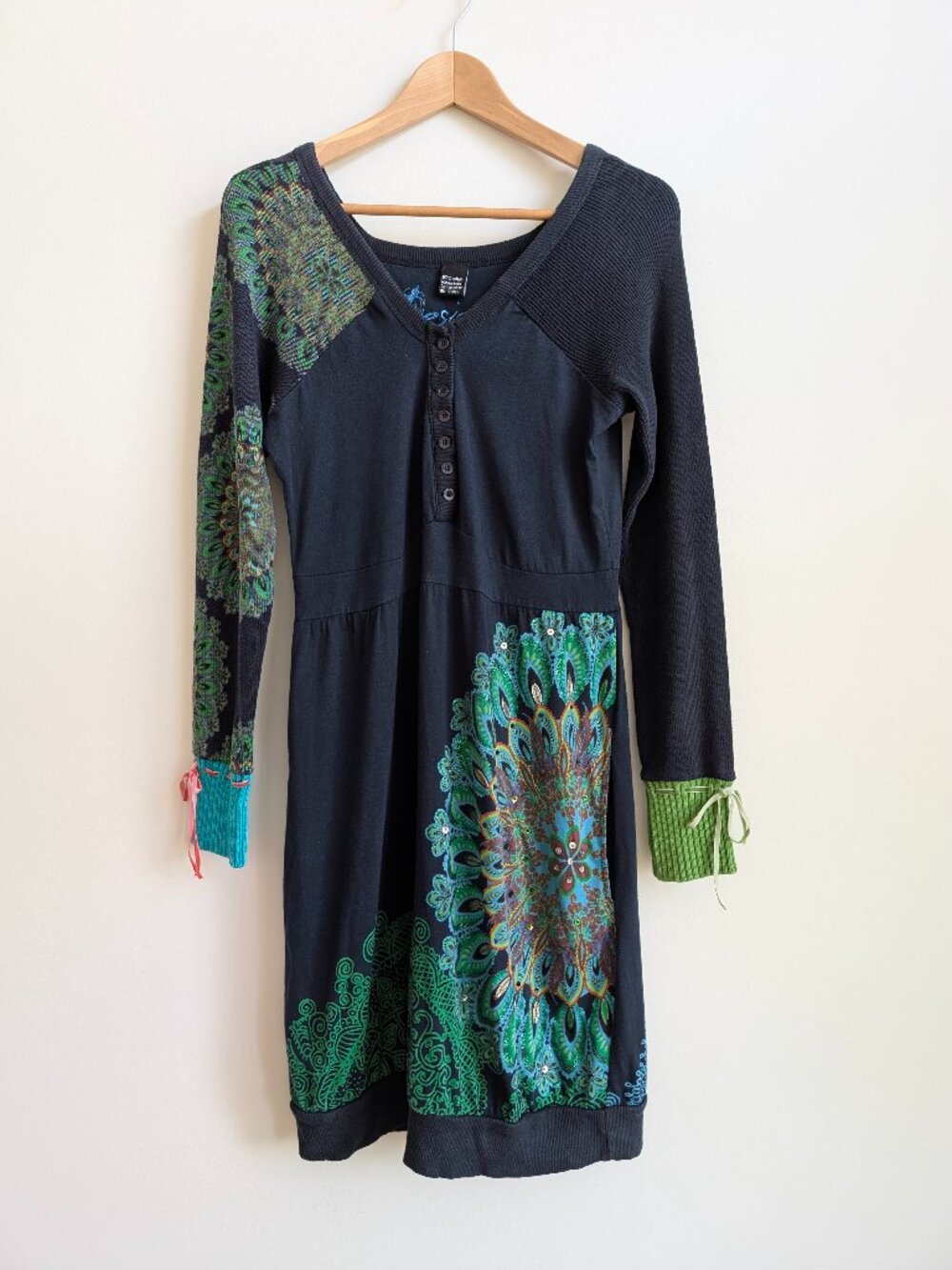Desigual 100% cotton knit tee embellished dress dark blue green L FITS SMALL
